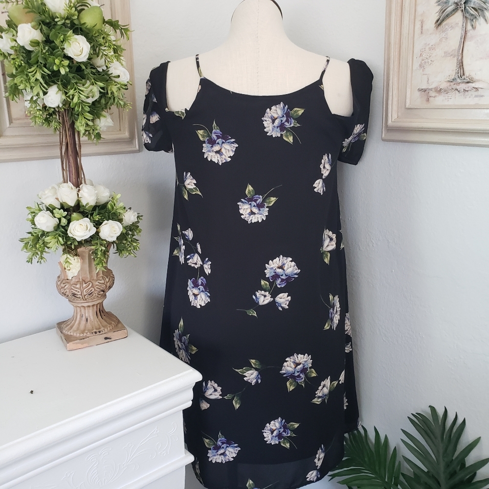 Solgee Black w/ Blue Floral - Off Shoulder Bohemian Babydoll Whimsey Feminine